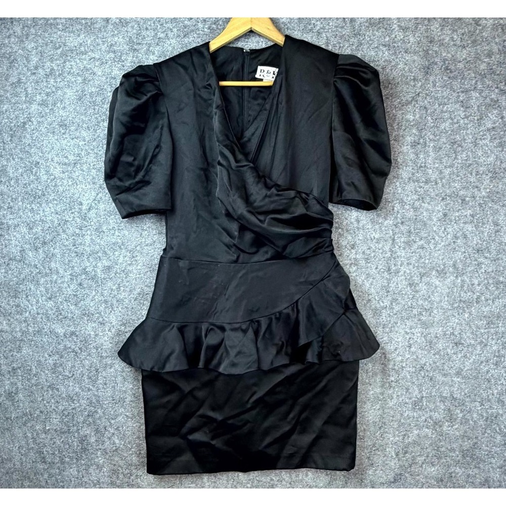 Vintage R&K Evenings Cocktail Dress Womens 14 Black Peplum 80s Ruffle LBD‎